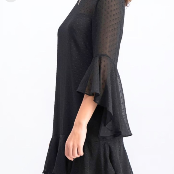 Vince Camuto black sheer Swiss dot ruffle long sleeve cocktail dress size 10 - Picture 2 of 12